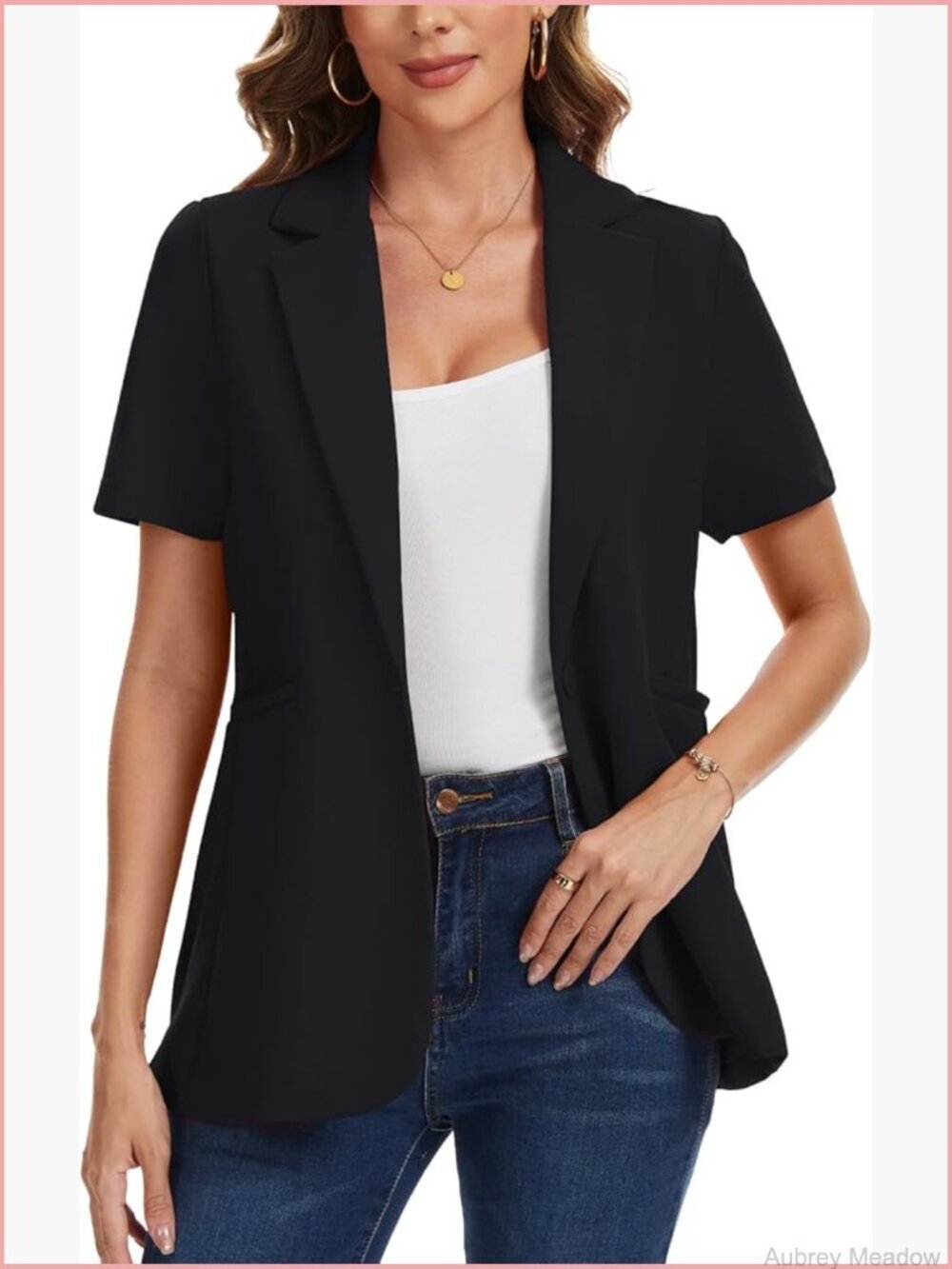 Short Sleeve Notch Lapel Blazer Business Casual Work Office Jacket with Pockets